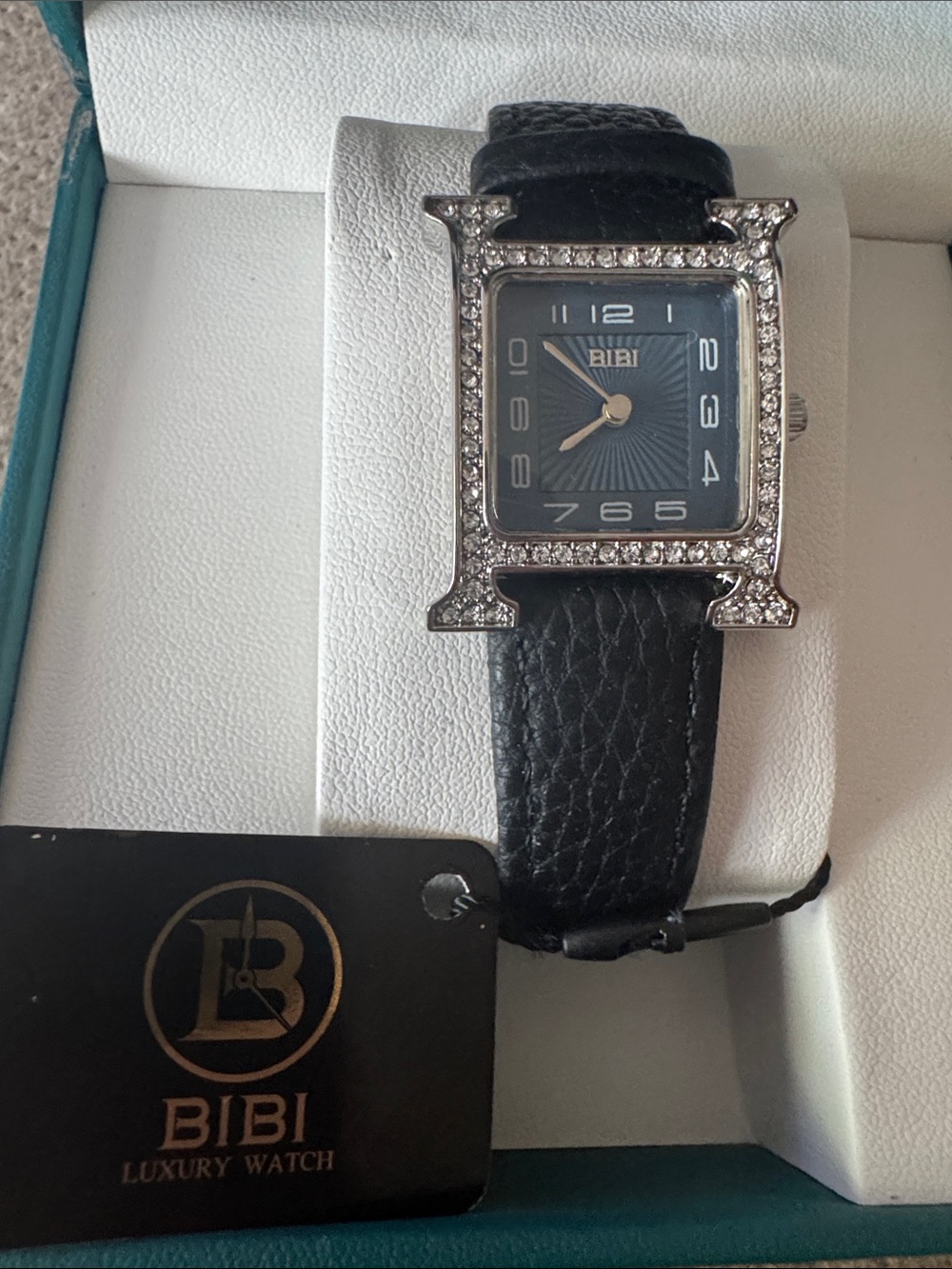 BeBe Luxury Watch Crystal-Trim Square Blue Dial Leather Strap Watch
